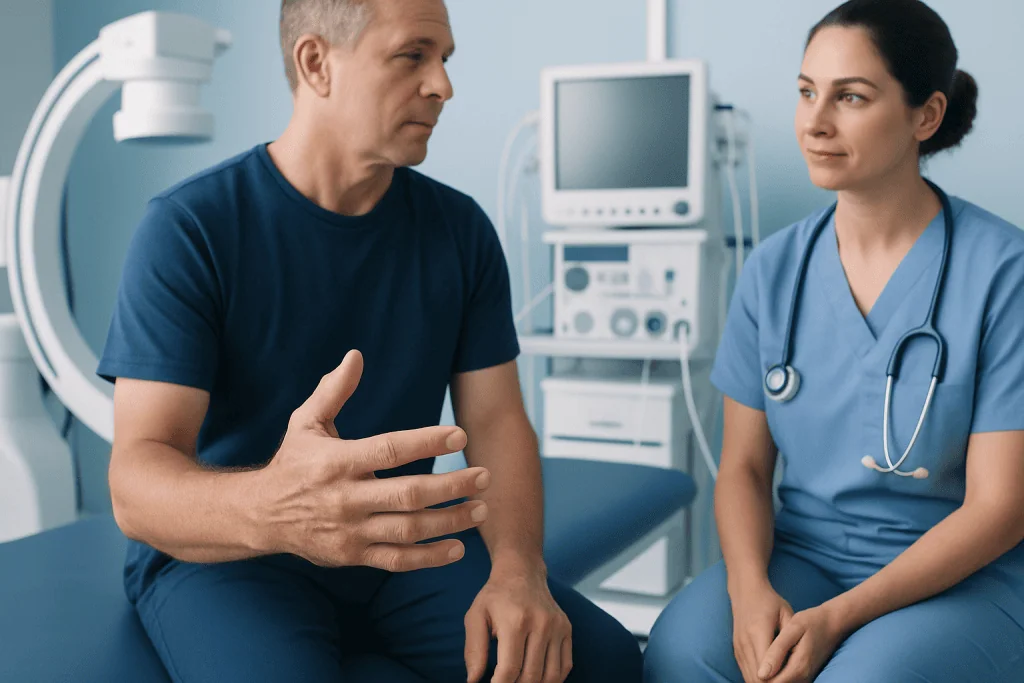 Doctor and patient discussing health in a medical consultation room.