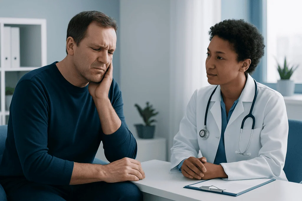 Patient experiencing ear and jaw pain during medical consultation.