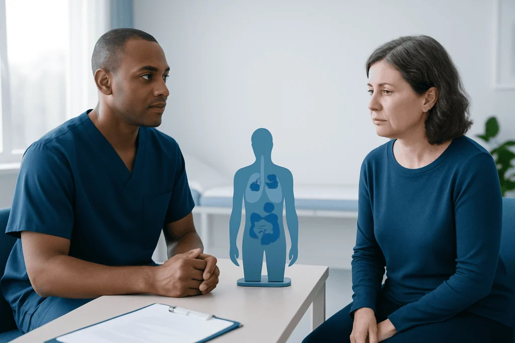 Doctor consulting with patient about internal health and diagnostics.