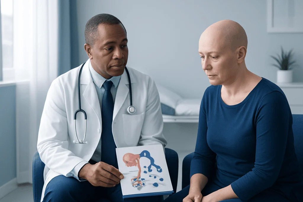 Oncologist explaining cancer treatment options to patient with bald head.