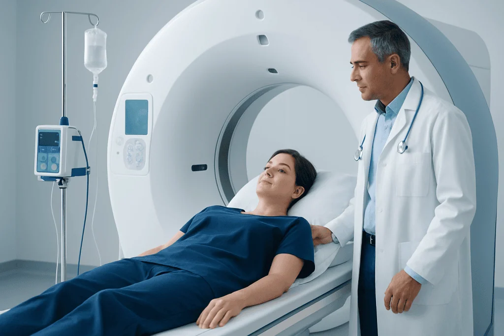 Patient undergoing MRI scan at Acibadem Hospital for cancer diagnosis.