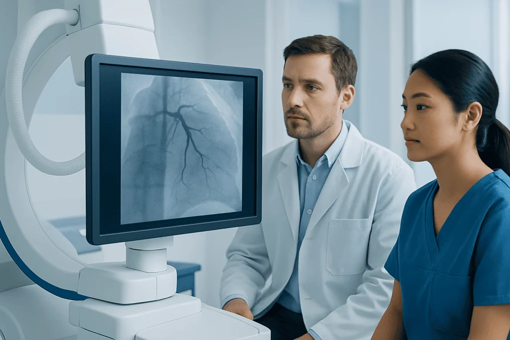 Doctor and nurse reviewing a heart angiogram on a monitor at Acibadem Hospital.