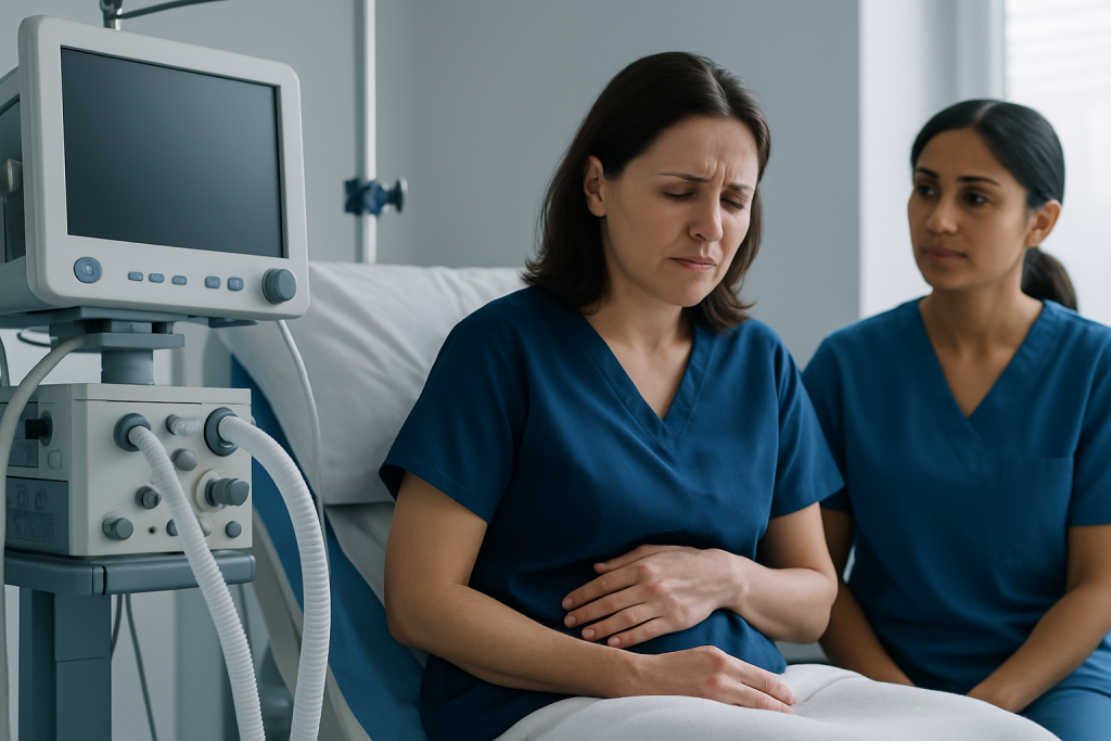 Woman in hospital bed experiencing abdominal pain with medical staff nearby.