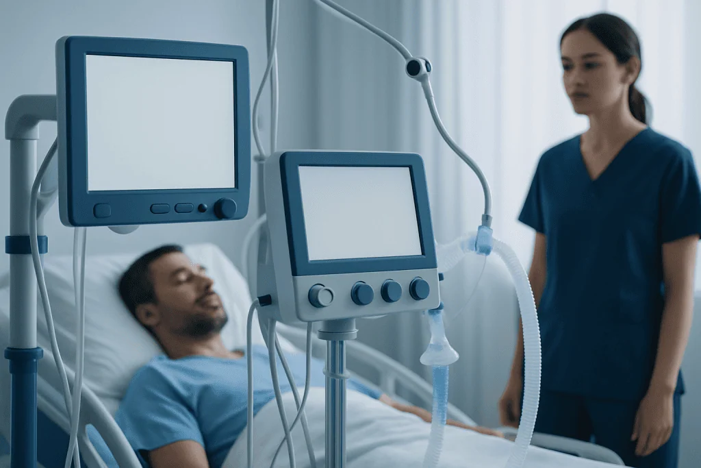 Patient in hospital bed connected to medical ventilator and monitors.