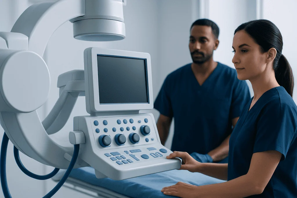 Medical professionals operating ultrasound equipment in a hospital setting.