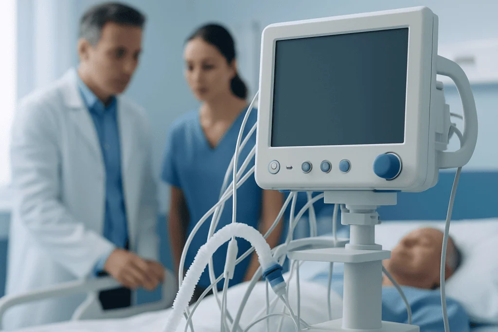 Medical professionals monitoring patient with medical equipment in hospital.