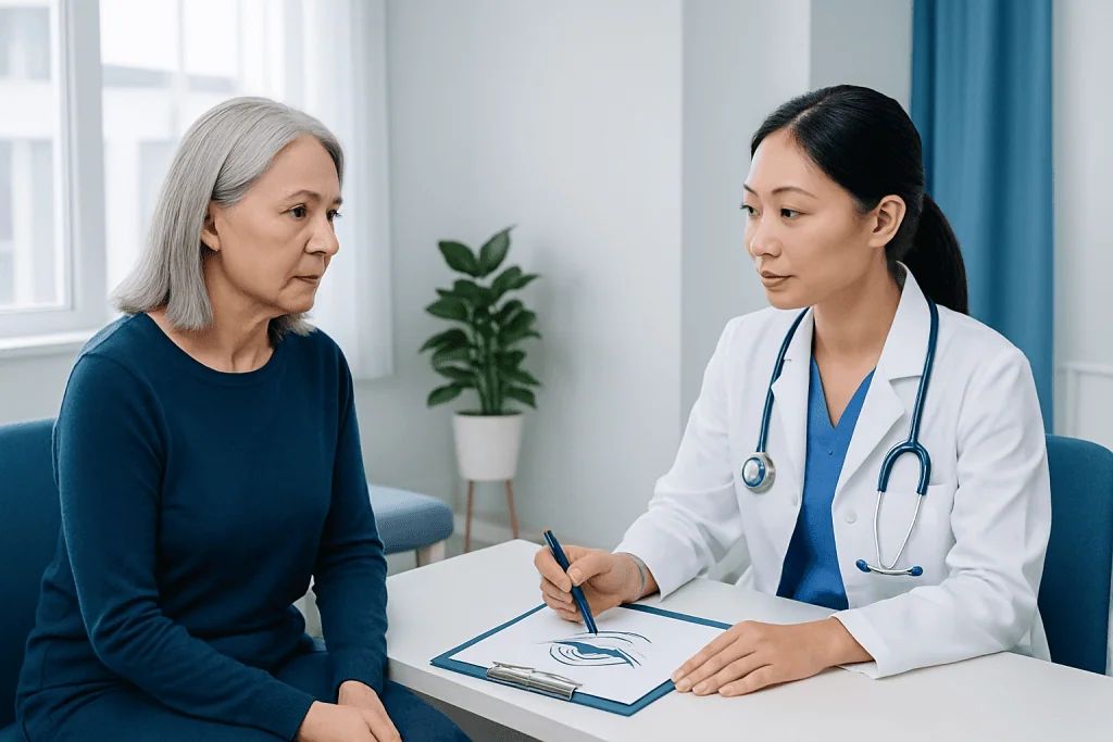 Doctor consulting with an elderly woman in a medical office.
