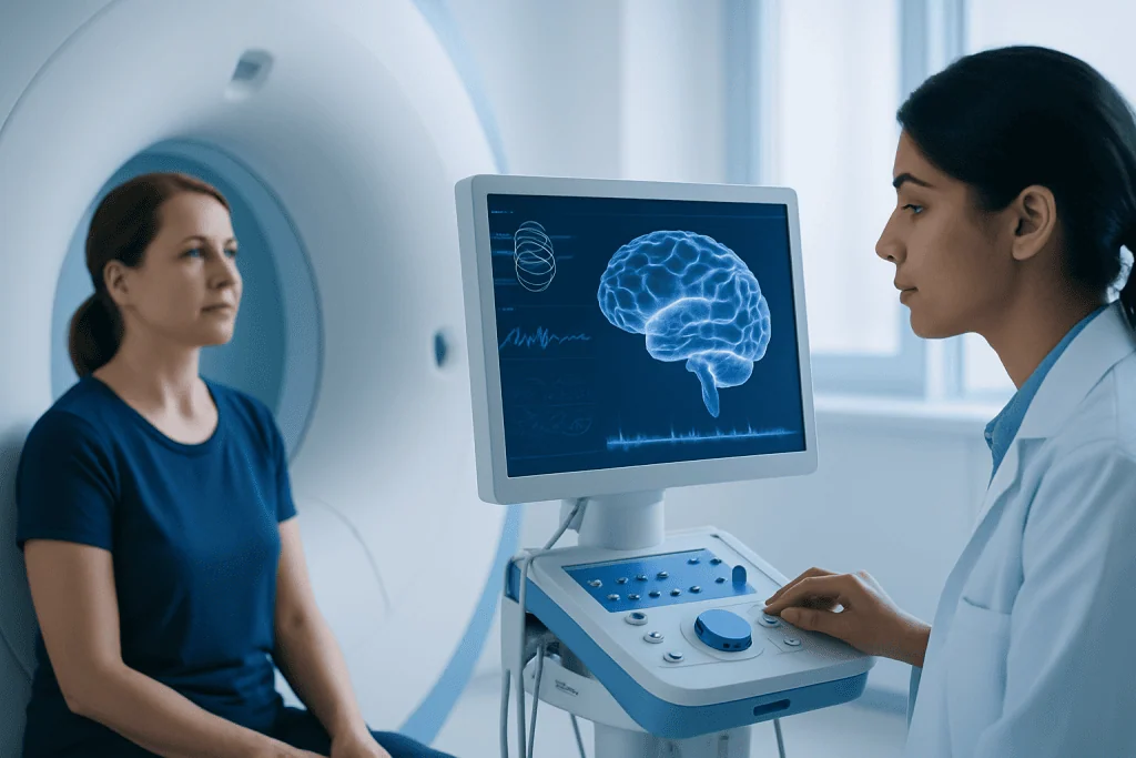 Medical professional conducts brain scan on patient in hospital setting.