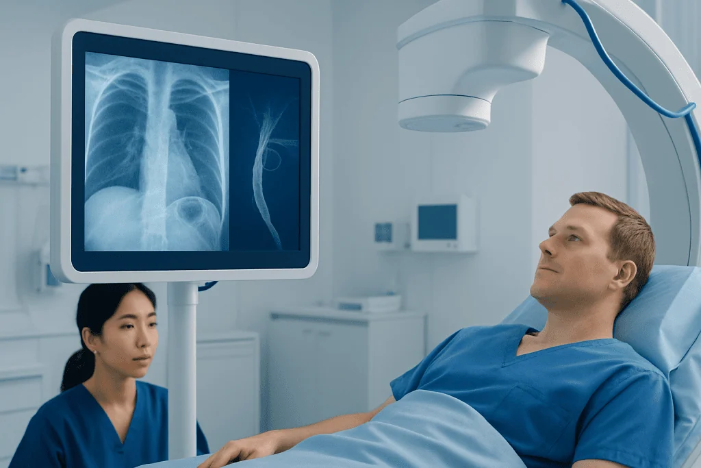 Patient undergoing a chest X-ray in a modern hospital setting.