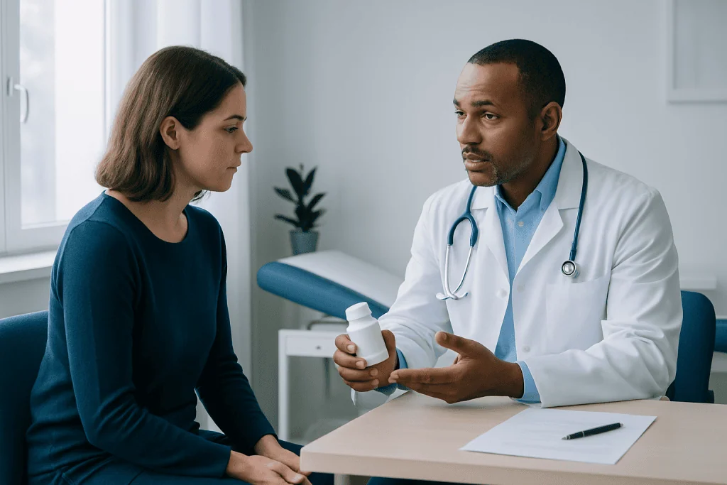 Doctor explaining medication to female patient in consultation room.
