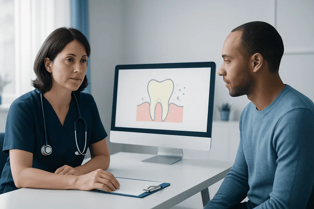 Dentist explaining tooth health to patient in a consultation room.