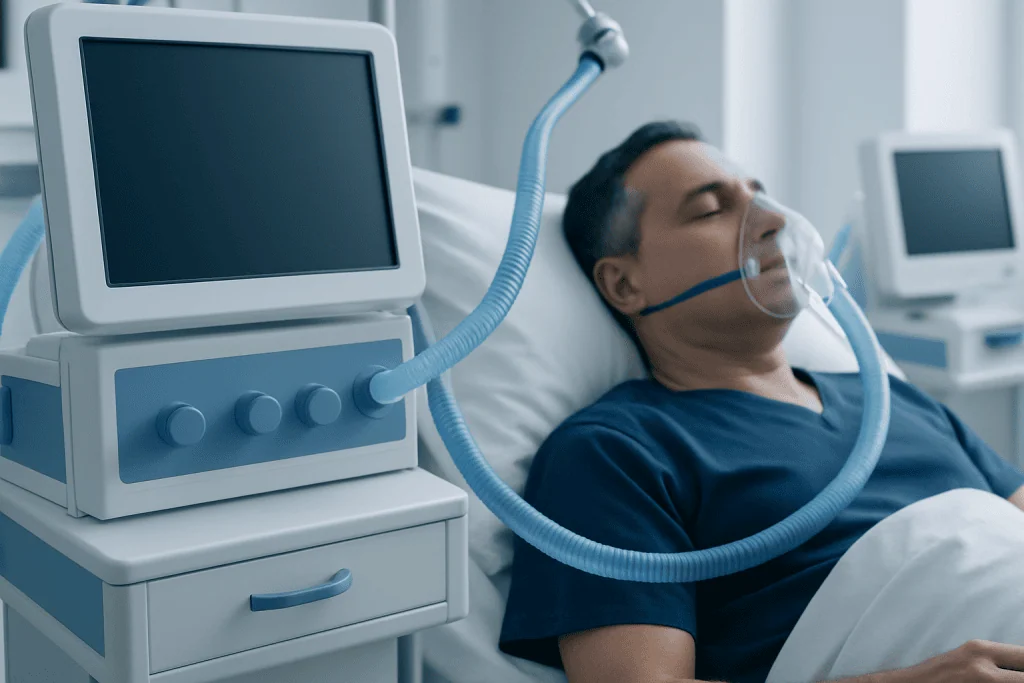 Patient on ventilator in hospital room for respiratory support.