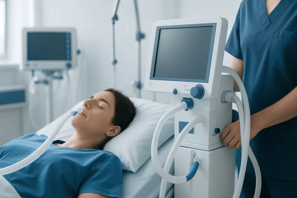 Patient on ventilator in hospital ICU with medical staff nearby.
