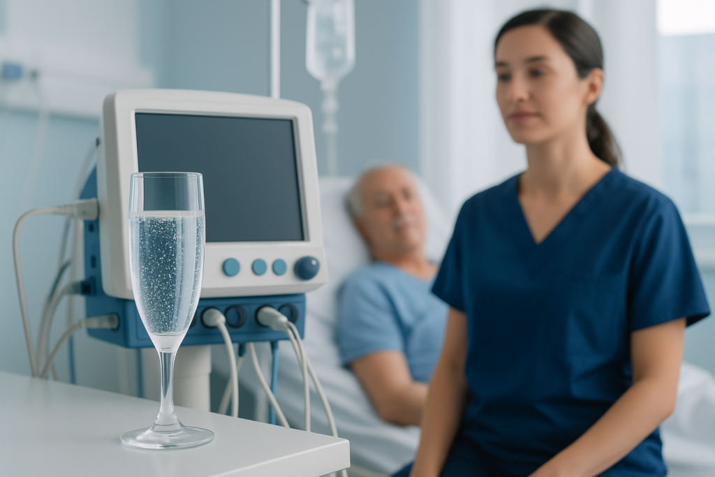 Hospital nurse monitoring patient with medical equipment in a clinical setting.