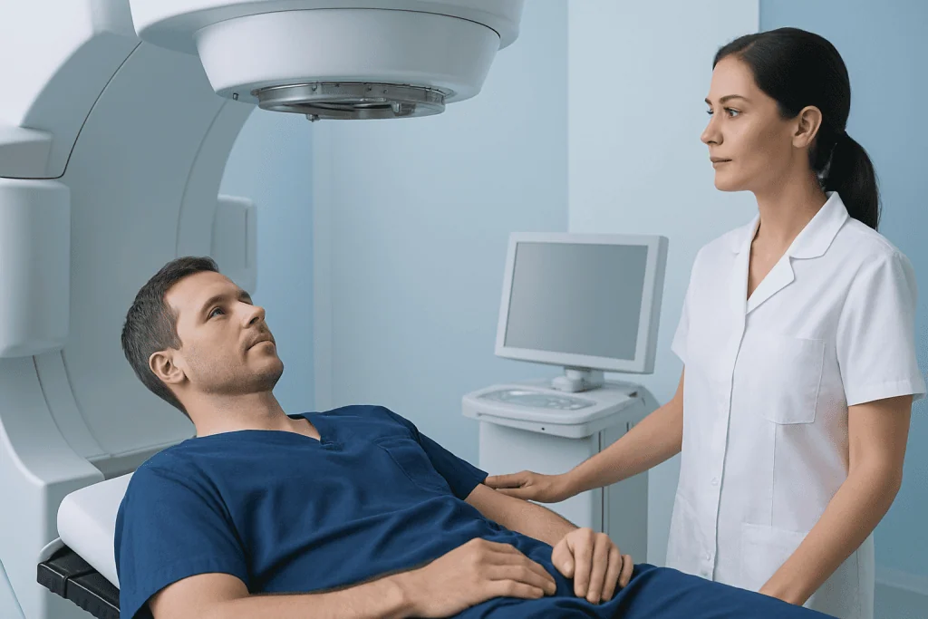 Patient undergoing medical imaging scan at Acibadem Hospital.