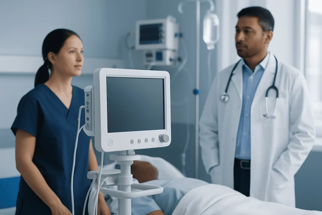 Medical consultation in hospital with patient and doctor near monitoring equipment.