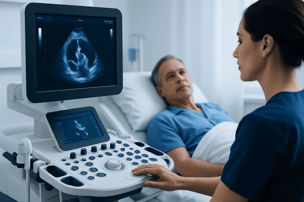 Medical professional performing an ultrasound on a patient in a hospital room.