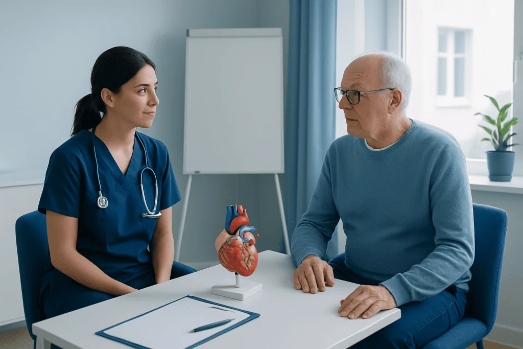Doctor consulting with senior patient about heart health and recovery.