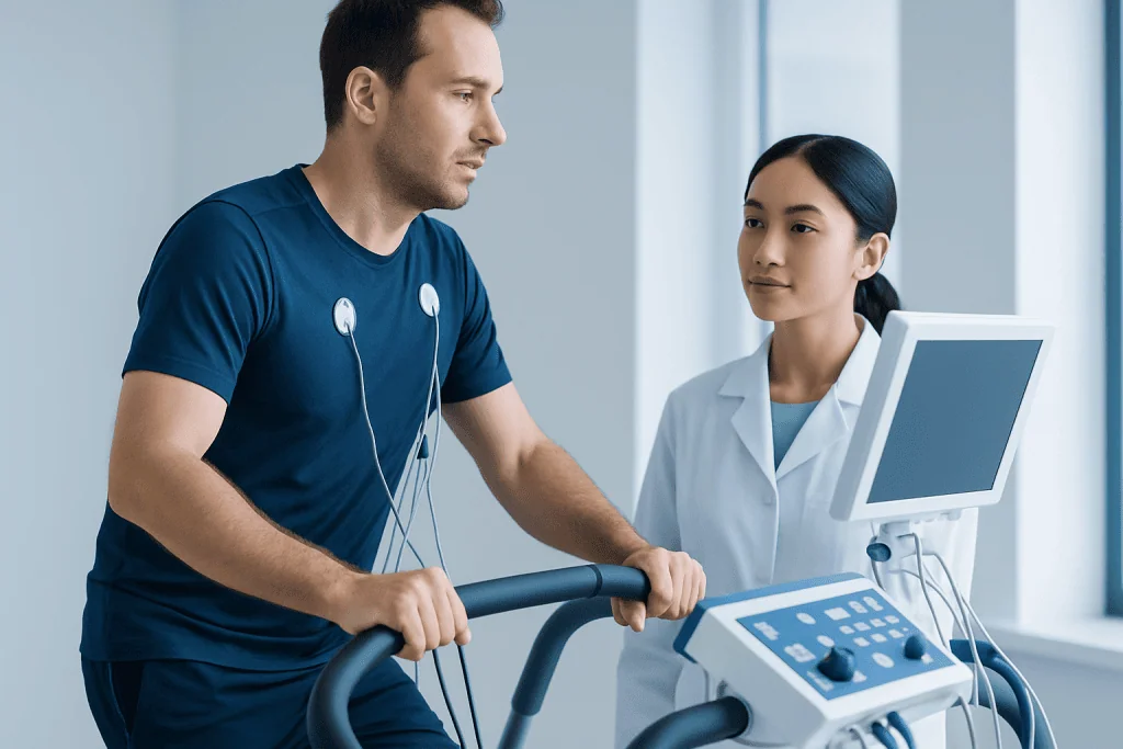 Patient undergoing a stress test with medical staff monitoring.