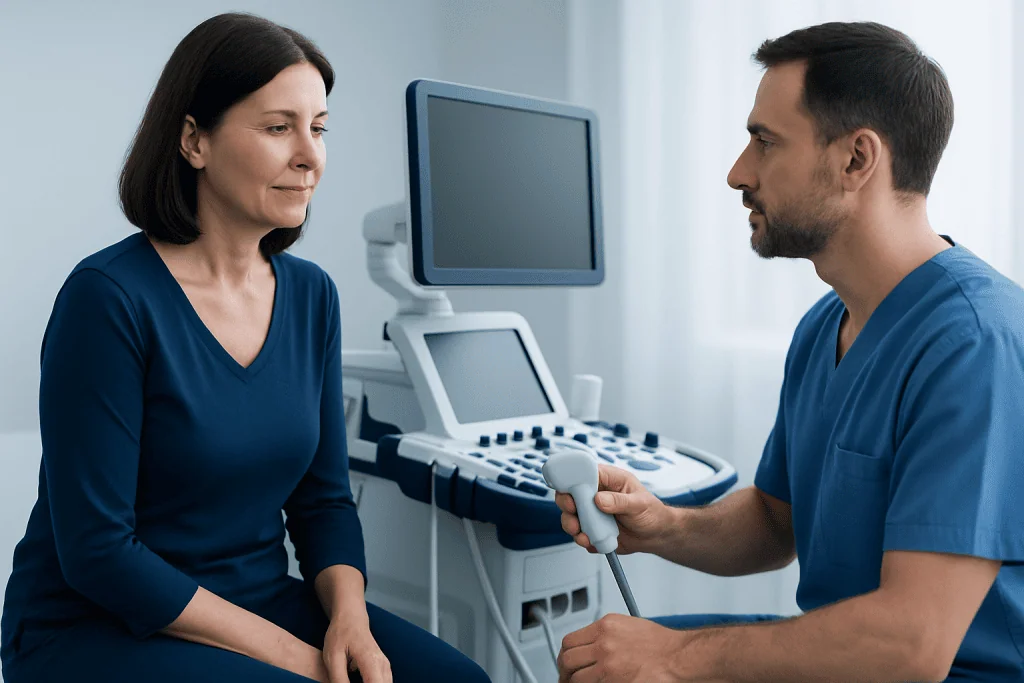 Doctor performing carotid artery ultrasound on a patient in a clinical setting.