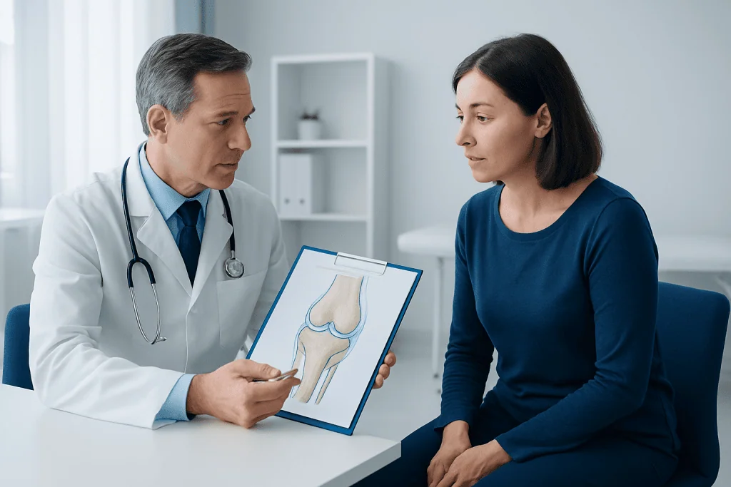 Orthopedic doctor explaining knee cartilage to a patient with a diagram.
