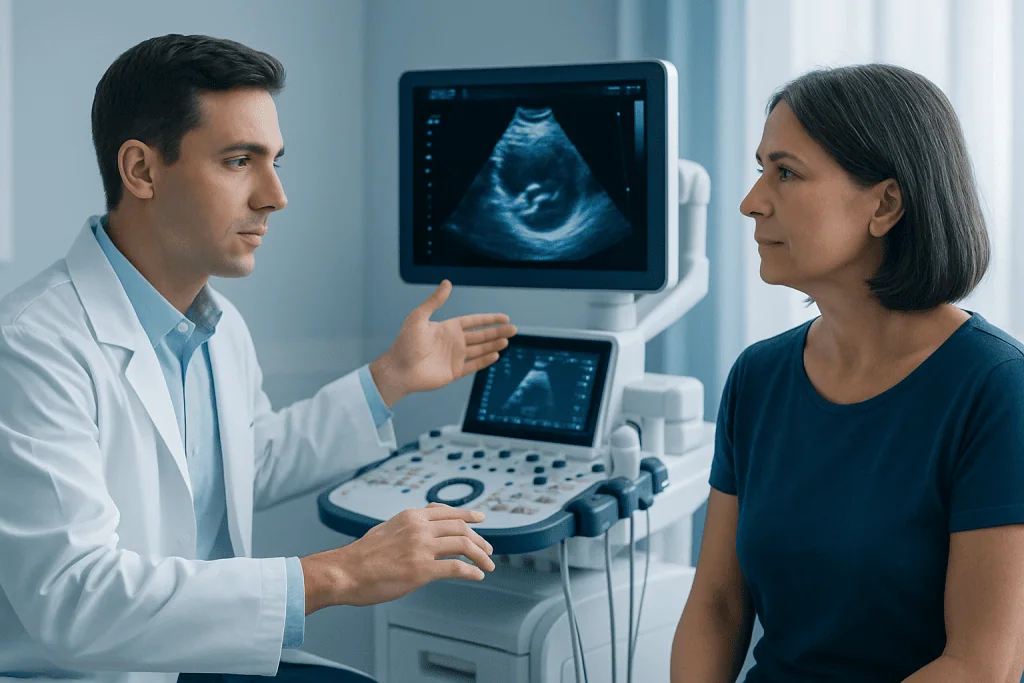 Doctor explaining ultrasound results to a patient in a medical clinic.