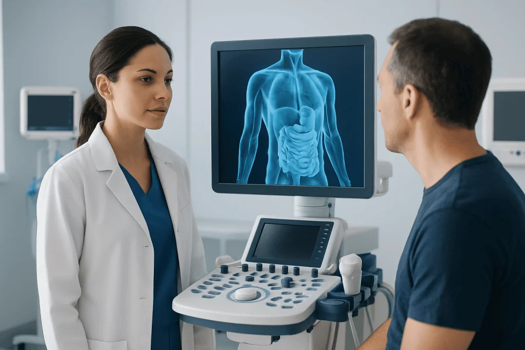Doctor explaining abdominal scan to patient in medical clinic.