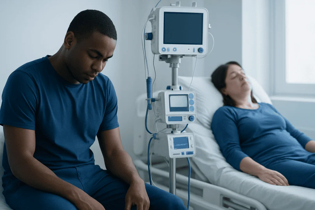 Patient and healthcare professional in hospital room with medical monitors.