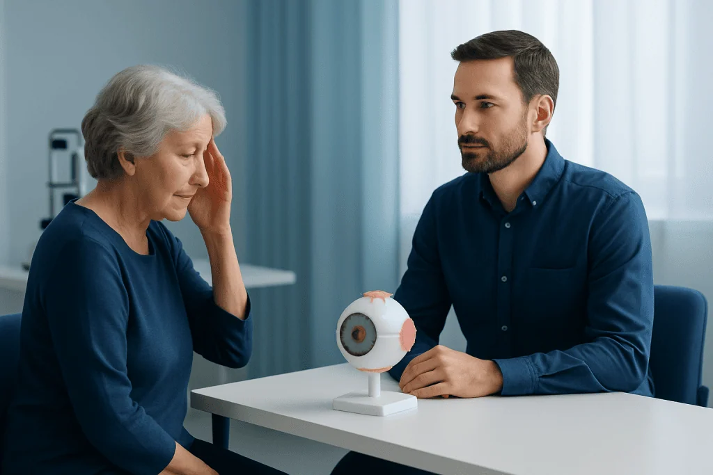 Ophthalmologist explains eye health to elderly woman using eye model.