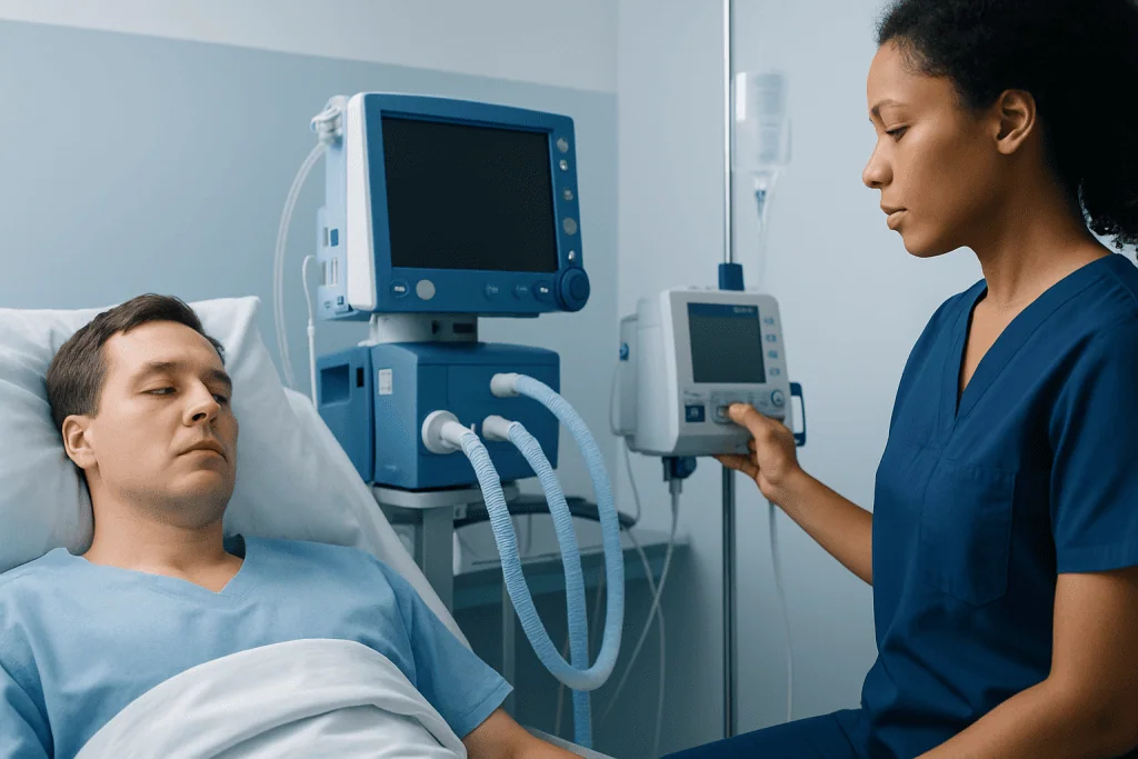 Hospital patient connected to ventilator with nurse monitoring equipment.