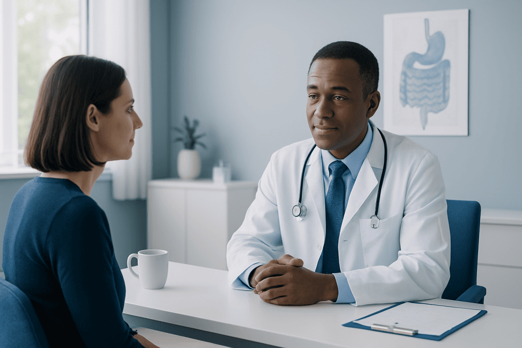 Doctor consulting with a patient in a medical office setting.
