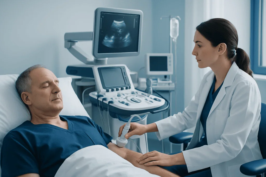 Doctor performing an ultrasound exam on a patient in a hospital room.