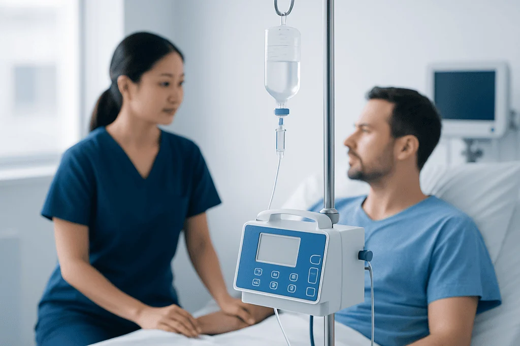 Patient receiving IV therapy in a hospital room at Acibadem Hospitals Group.