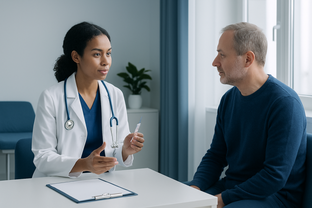Doctor consulting with a patient in a modern medical office.