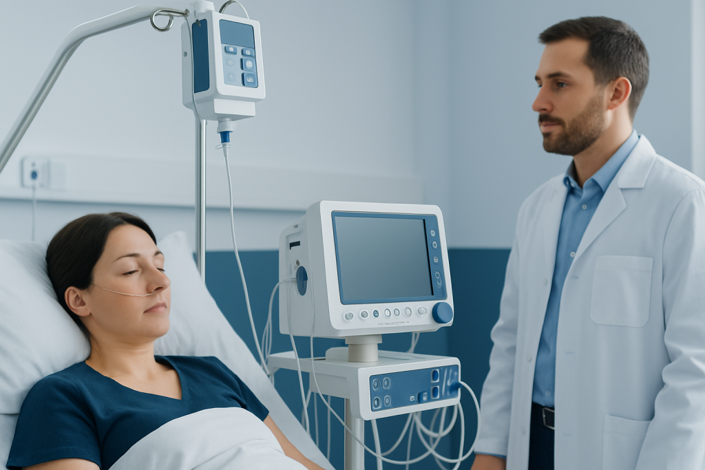 Doctor consulting patient in hospital room with medical equipment.