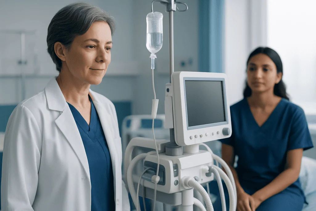 Medical professionals in a hospital setting with ventilator equipment.