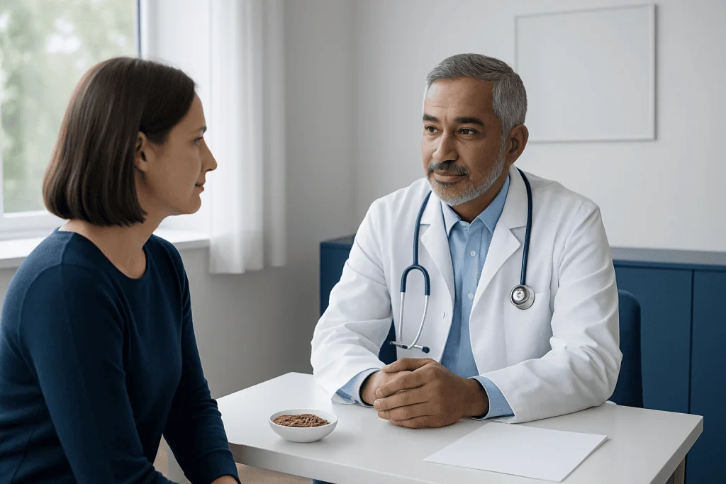 Doctor consulting with a female patient in a modern clinic setting.