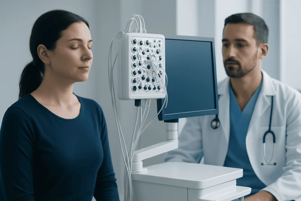 Medical consultation with a patient and doctor in a clinical setting.