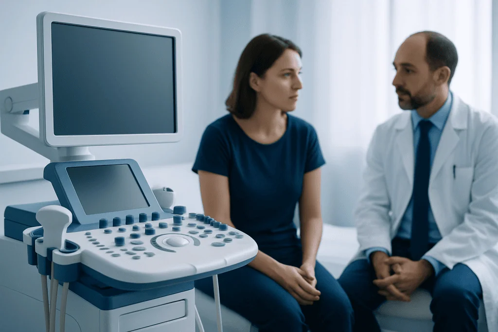Doctor consulting with a patient in a medical examination room.