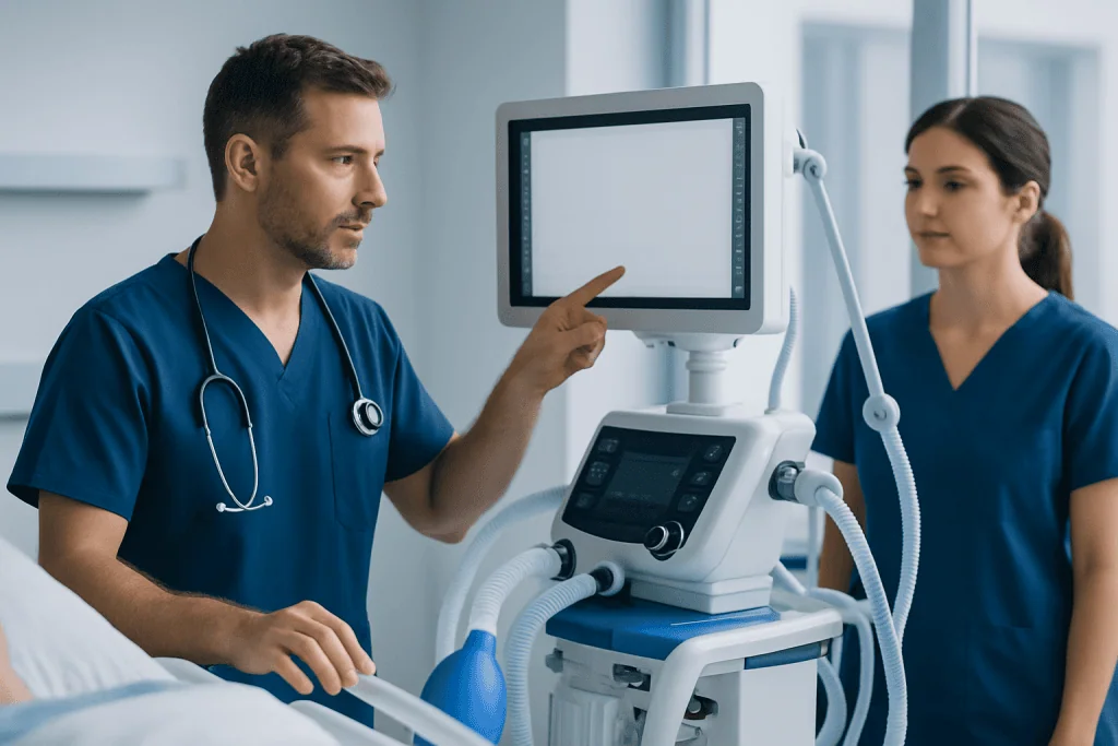 Medical professionals operating ventilator in hospital setting.