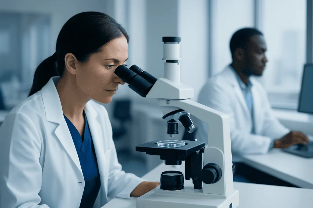 Scientists examining cells using a microscope at Acibadem Hospitals Group.