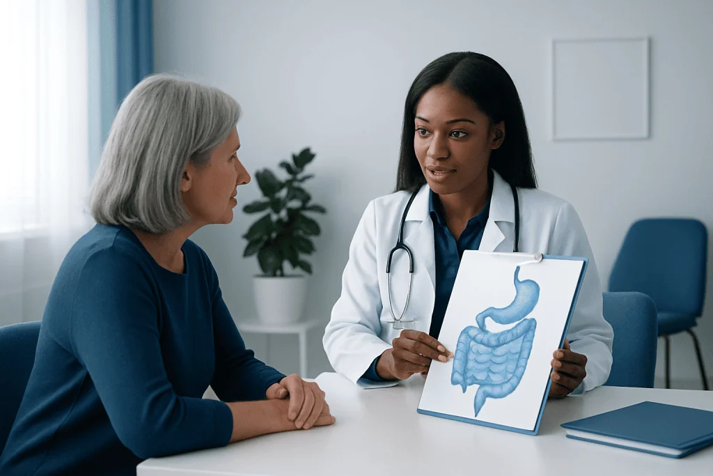 Doctor explaining digestive system to patient with stomach diagram.