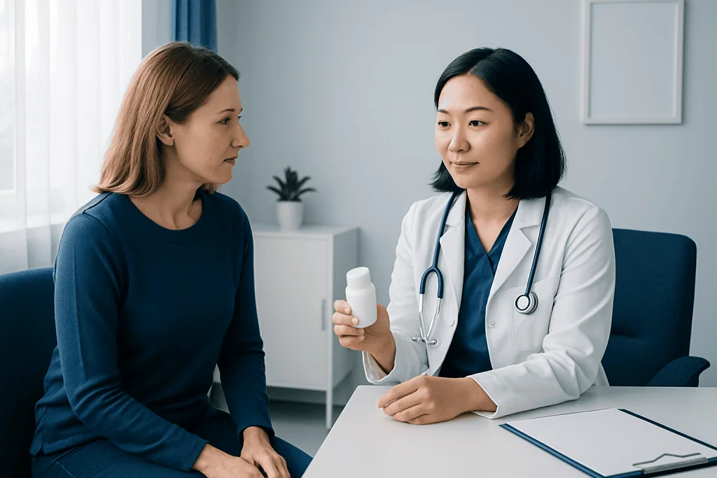 Doctor explaining medication to a patient in a clinical setting.