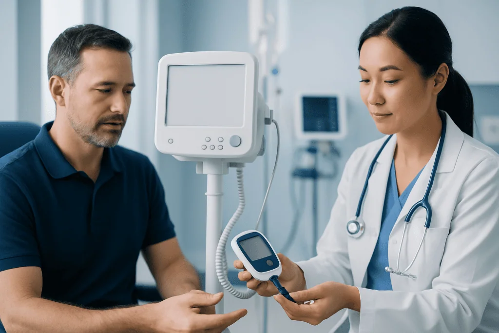 Doctor checking blood pressure of a patient in a hospital setting.