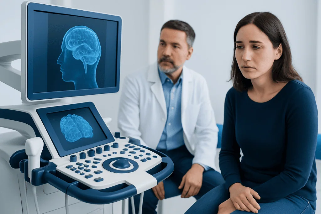 Medical consultation with brain scan images at Acibadem Hospitals Group.