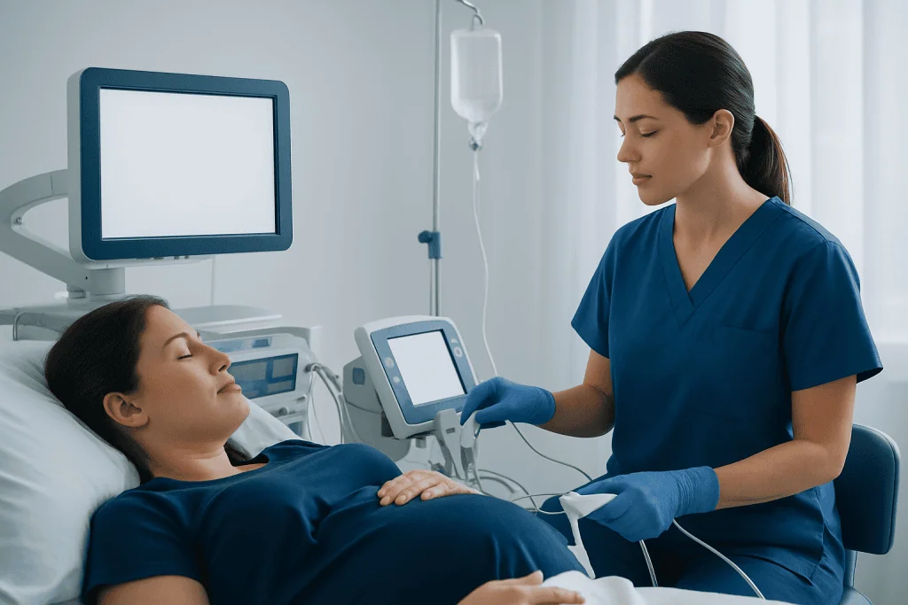 Medical professional performing ultrasound on pregnant woman in hospital.
