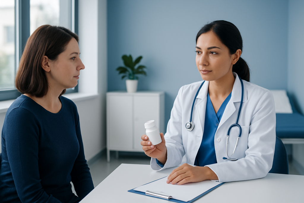 Doctor explaining medication to a patient in a clinic setting.