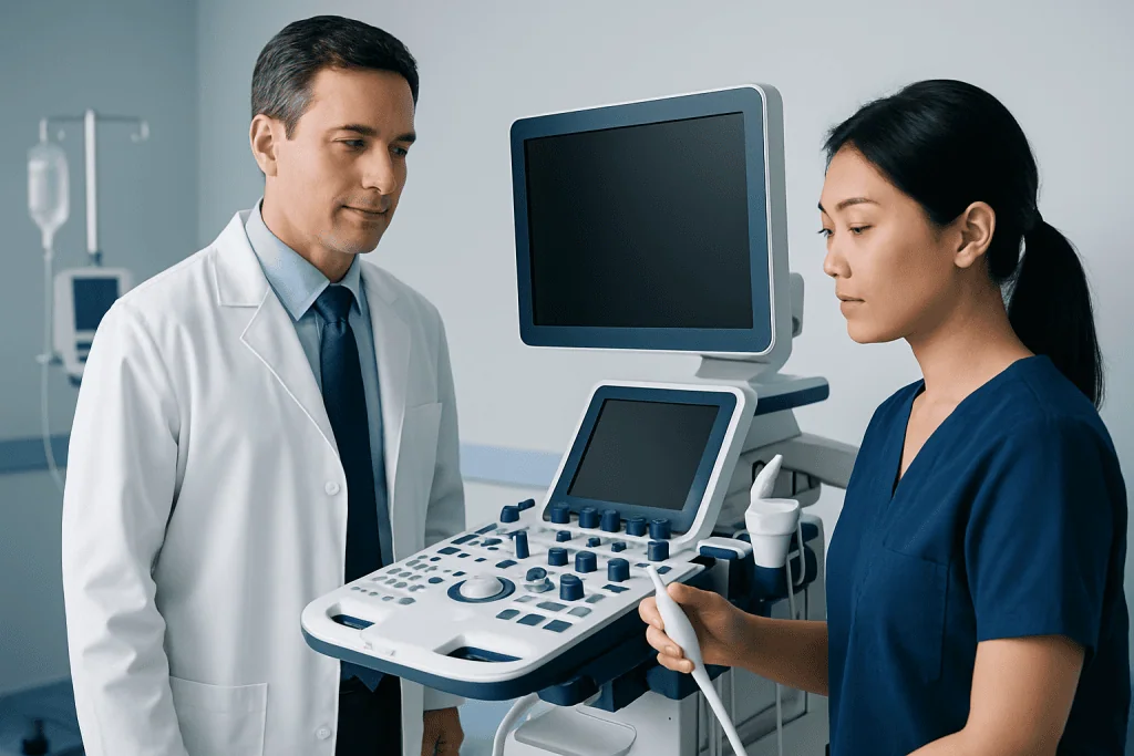 Medical professionals using ultrasound equipment in a hospital setting.