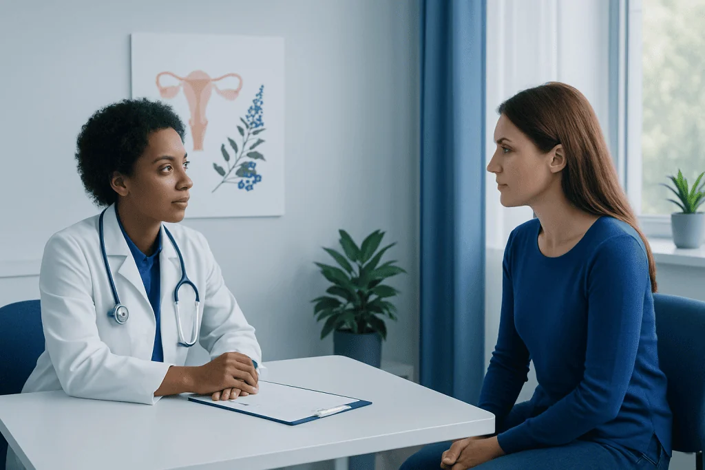 Doctor consulting with a patient in a medical office with a uterus illustration.