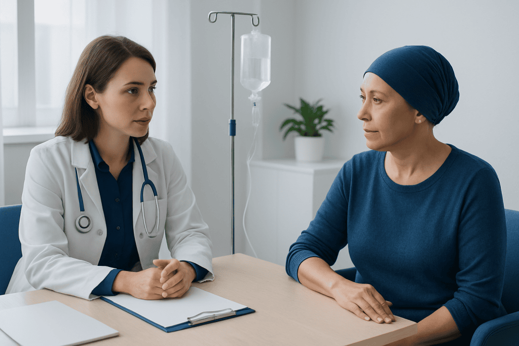 Doctor consulting a patient in a hospital room with IV drip.